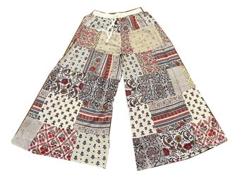 One Size Elasticated Waist Big Flared Cotton Patchwork Wide Leg Pant, Bohemian Patchwork Skirt Pant, Comfy Palazzo Pant With Pocket