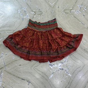 Indian Handmade Short Mini Skirt / Bohemian Silk Mini Skirt / Patchwork Summer Skirt / Boho Hippie Tiered Skirt / Elastic Waist Skirt