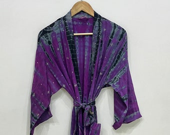 Hand Tie Dye Kimono, Silk Tie Dye Robe, Light Weight Comfy Beach Cover Up, Tie Dye Long Dressing Gown, Crepe Silk Kimono For Women