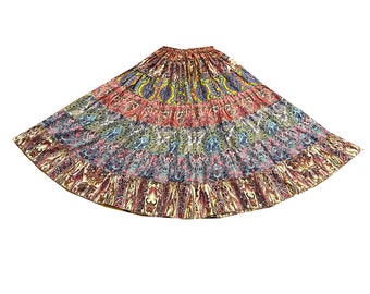 Indian Summer Vibes: Tiered Patchwork Skirt for Boho Hippie Style, Handcrafted Flared Dancing Skirt in Vibrant Hues, Long Maxi Skirt