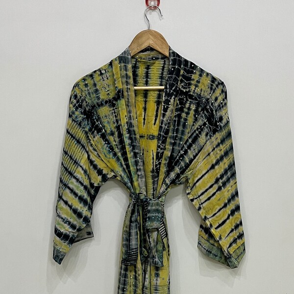 Yellow And Black Crepe Silk Tie Dye Kimono, Pure Silk Kimono Robe, Hand Tie Dye Kimono, Long Dressing Gown, Crepe Silk Robe, Cover Up Kimono