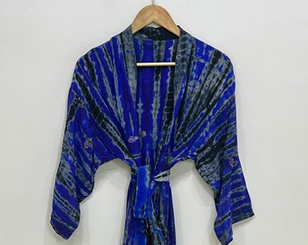 100% Silk Tie Dye Kimono Robe, Hand Dye Kimono, Silk Bikini Cover Up, Lightweight Silk Dressing Gown, Crepe Silk Kimono For Her