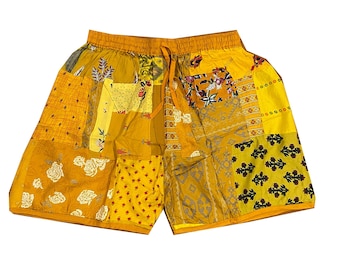 Unisex Gelbe Farbe Männer und Frauen Patchwork Shorts / Boho Hippie Patchwork Shorts / Sommer Strand Tragen Kurz / Bequeme Bunte Shorts