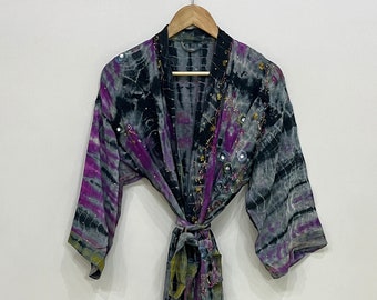 Vintage Tie Dye Kimono Robe, Crepe Silk Long Sleeves Kimono, Bridesmaid Kimono, Bikini Beach Cover Up Kimono, Soft And Comfortable  Kimono