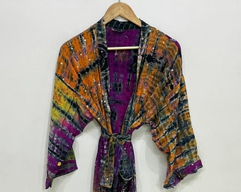 Indischer handgefertigter langer Kimono aus Crepe-Seide, Nachtwäschekleid für Frauen, Boho Kimono-Robe, stilvoller langer Seidenkimono, Hand-Tie-Dye-Kimono