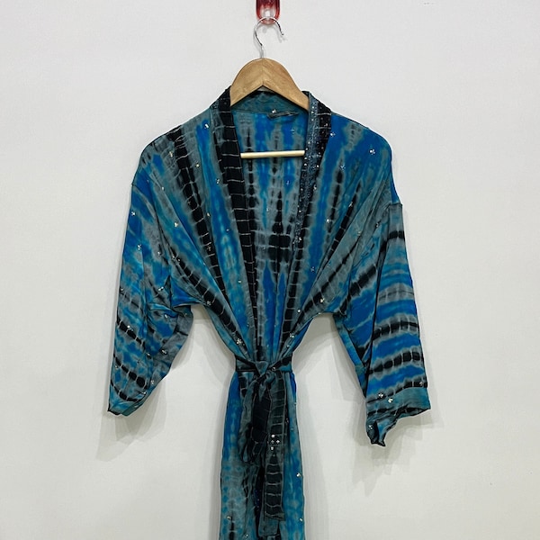 Elegant Blue Tie Dye Silk Kimono - Hand Dyed Robe for Stylish Parties and Bikini Cover Up, Stylish Dressing Gown for Parties, Silk Kimono