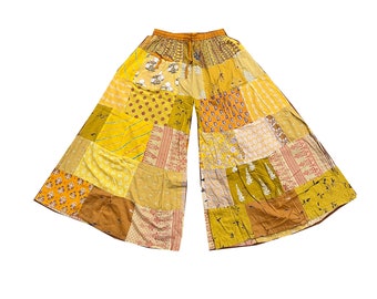 Boho Hippie Cotton Patchwork Skirt Pant, Indian Handmade Cotton Patchwork Wide Leg Palazzo Pant, Elasticated Waist Cotton Palazzo Pant