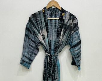 Women's Night Wear Crepe Silk Kimono Dress, Handmade Tie Dye Kimono, Tie Dye Robe, Long Kimono Robe, Sari Silk Beach Cover Up