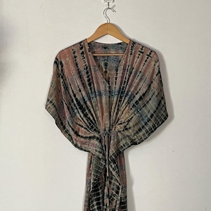 Tie Dye Silk Kaftan, Long Dressing Gown, Vacation Dress, Silk Maxi Dress, Lounge Wear, Crepe Silk Kaftan, Silk Beach Cover Up