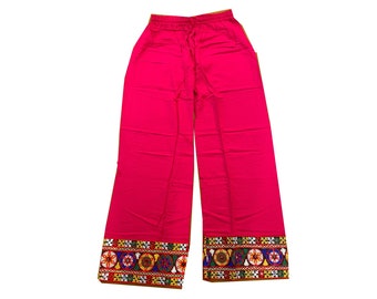 Pink Color Indian Handmade Hand Embroidered Palazzo Pant / Boho Hippie Wide Leg Rayon Palazzo Pant / Embroidered Miror Work Rayon Palazzo