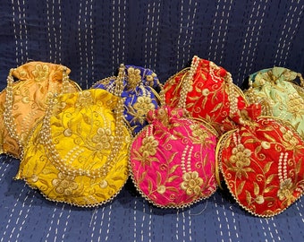 Wholesale Lot Of 5-100 Pcs Indian Handmade Women's Embroidered Potli Bag, Drawstring Pouch Bag, Wedding Favor, Return Favors, Gift For Guest