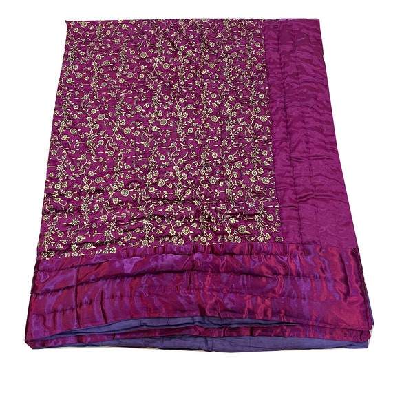 Purple Color Floral Printed Satin Silk Indian Razai / Gold Printed Filled With Cotton Warm Quilt / Soft Quilt For Winter / Handmade Rajai