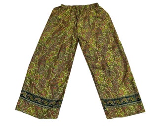 Indian Handmade Recycle Silk Sari Palazzo / Floral Print Wide Leg Trouser / Boho Hippie Comfy Yoga Pants / Bohemian Silk Palazzo