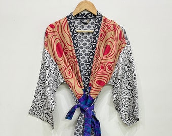 Stylish Patchwork Silk Kimono / Indian Handmade Sari Silk Long Kimono / Beach Cover Gown / Hippie Dress / Boho Lounge Wear