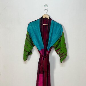 Recycled Sari Silk Kimono Robe, Patchwork Tie Dye Long Cover Up, Handmade Boho Silk Duster, Festival Robe Dress