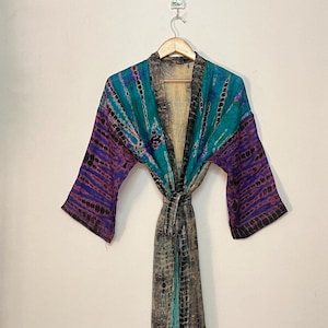 Recycled Silk Tie Dye Kimono Jacket, Hand Dyed Beach Cover Up, Upcycled Boho Duster Coat, Festival Outfit, Unique Gift for Her