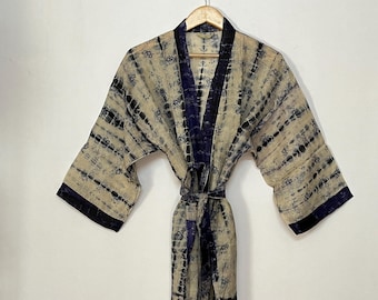 100% Silk Tie Dye Kimono Robe, Lightweight Bohemian Beach Cover-Up