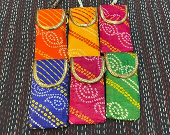 Lot Of 5 To 100 Indian Handmade Bandhani Printed Mobile Covers / Indian Cotton Tie-Dye Gift / Return Favors/ Party Favors/ Gift For Guests