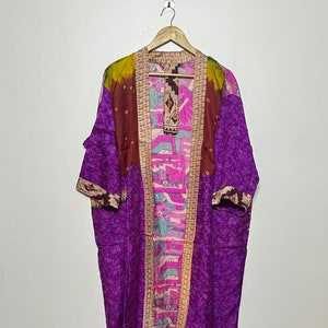 100% Silk Kimono Robe / Recycle Silk Patchwork Kimono Jacket / Pure Silk Dressing Gown / Plus Size Women Kimono / Summer Silk Bathrobes