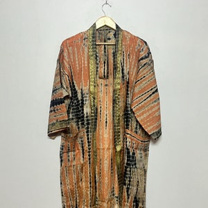 Handmade Vintage Silk Tie Dye Kimono Robe, Crepe Silk Tie Dye Long Dressing Gown, Kimono Robe For Women, Beach Wear Robe, Silk Lounge Wear