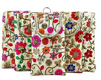 Wholesle Lot Of 5-100 Pc Indian Handmade Women's Embroidered Mobile Pouch Purse Sling Bag, Indian Wedding Favors Bag, Return Gift for Guests