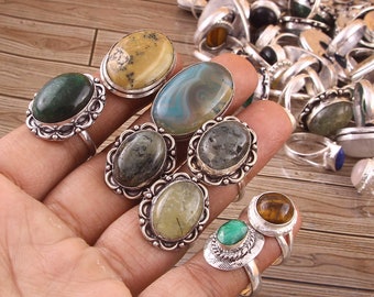 Handmade Multi Gemstone Rings - Wholesale Lot with Vintage Silver Plating - Natural  Mixed Colors