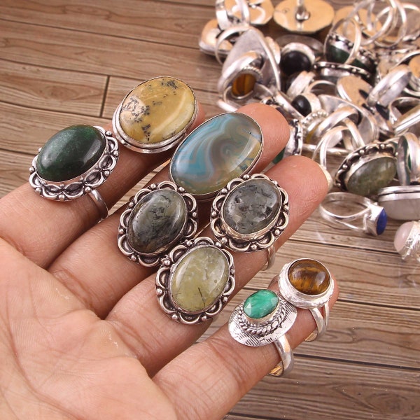 Handmade Multi Gemstone Rings - Wholesale Lot with Vintage Silver Plating - Natural  Mixed Colors