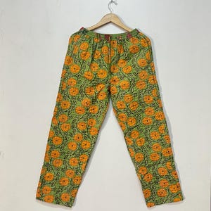 Green-Yellow Comfortable Cotton Pants Quilted Pattern Pants Vintage Floral Pants Kantha Lounge Pants Kantha Art Pants Kantha Pocket Pants