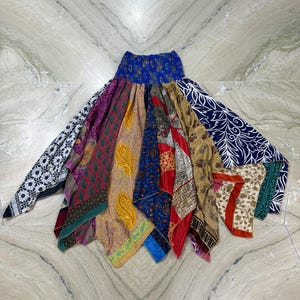 Boho hippie patchwork rok / zomer zijden maxi rok / elastische taille kleurrijke rok / zijden rok recyclen / vloeiende damesrok