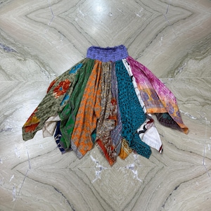Recycled Sari Silk Patchwork Skirt, Boho Maxi Skirt, Hippie Tiered Long Skirt, One Size Flowy Silk Skirt, Handmade Bohemian Clothing Gift
