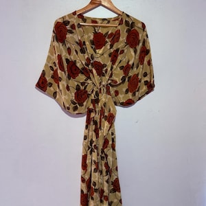 Floral Silk Kaftan Dress, Lightweight Resort Wear, Handmade Silk Kaftan, Beach Cover Up, Vacation Outfit, Long Kaftan, Red Rose Print Kaftan