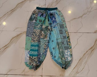 Patchwork Harem Pants: Boho Rayon Lounge Trousers with Pocket