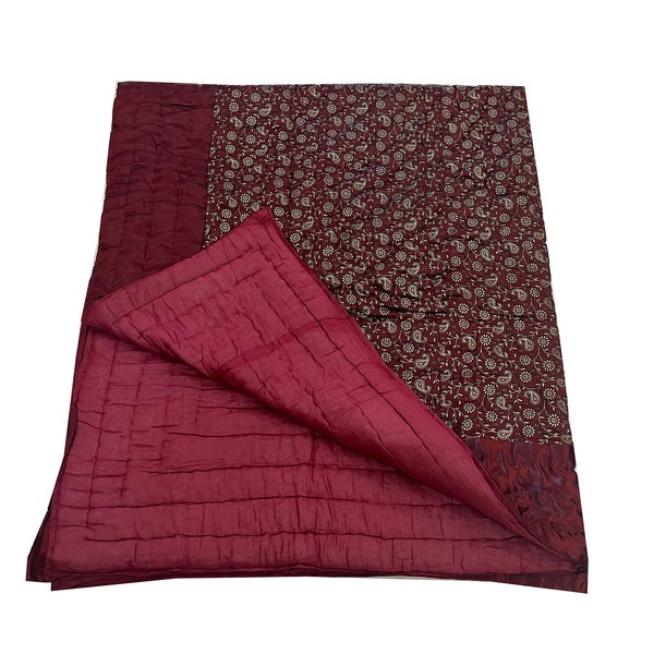 Maroon Floral Printed Satin Silk Handmade Quilt / Handmade Silk Quilt / Indian Jaipuri Gold Print Razai / Filled With Cotton Warm Quilt