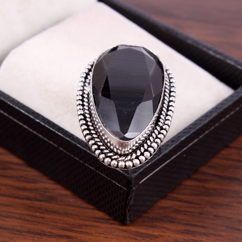 Faceted Black Lab Created Pear Shape Large Ring Unisex Birthstone Jewelry Boho Jewelry Gift For Her Oxidized German Silver Jewelry