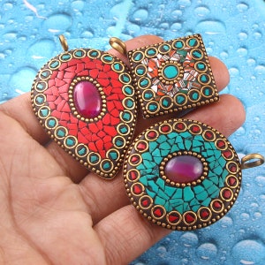 10 To 100 Piece Lot Of Indian Handmade Gemstone Pendent/ Wholesale Nepali Handmade Pendant/ Tibetan Pendant Jewelry Mix Size And Shape lot image 3
