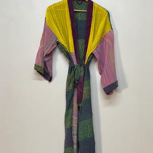 Silk Patchwork Kimono Robe, Colorful Indian Jacket, Boho Festival Cover Up, Handmade Recycled Crepe Silk Duster, Summer Beach Bikini Coverup