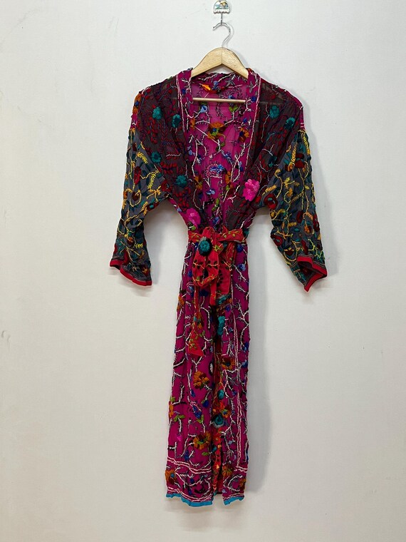 Kimono Phulkari ajustável feito à mão bordado longo quimono para