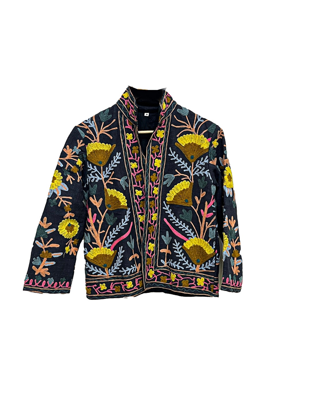 Black Suzani Jacket Multi Floral Embroidery Jacket Indian Vintage black-suzani-jacket-multi-floral-embroidery-jacket-indian-vintage