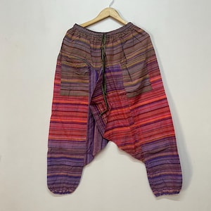 Boho Striped Cotton Harem Pants, Festival Hippie Trousers, Handmade Baggy Aladdin Pants, Elastic Waist Loose Fit Joggers, Gift for Her