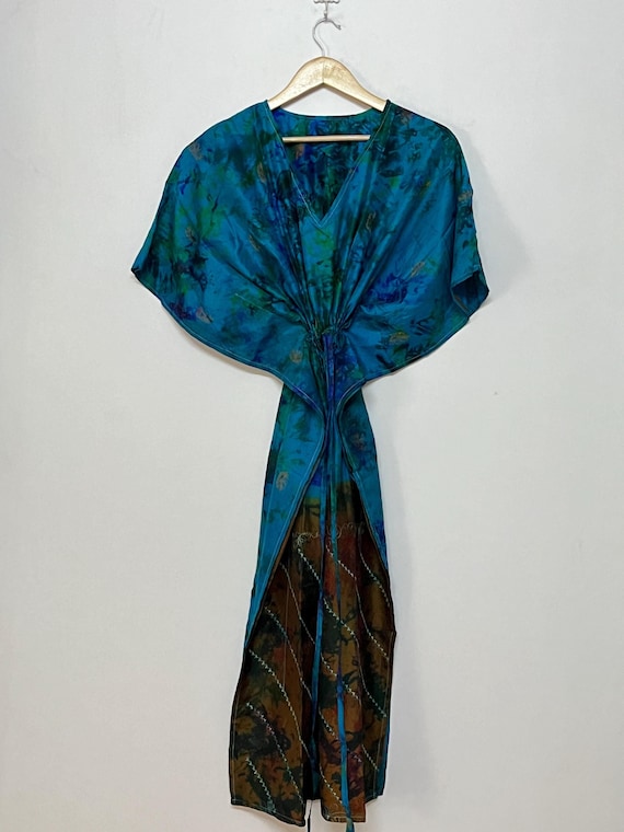 100% Silk Tie Dye Kaftan, Plus Size Maxi Dress, Beach Cover Up