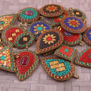 10 To 100 Piece Lot Of Indian Handmade Gemstone Pendent/ Wholesale Nepali Handmade Pendant/ Tibetan Pendant Jewelry Mix Size And Shape lot image 5