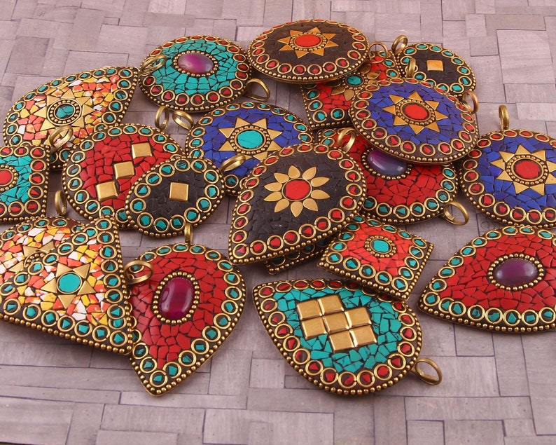 10 To 100 Piece Lot Of Indian Handmade Gemstone Pendent/ Wholesale Nepali Handmade Pendant/ Tibetan Pendant Jewelry Mix Size And Shape lot image 5