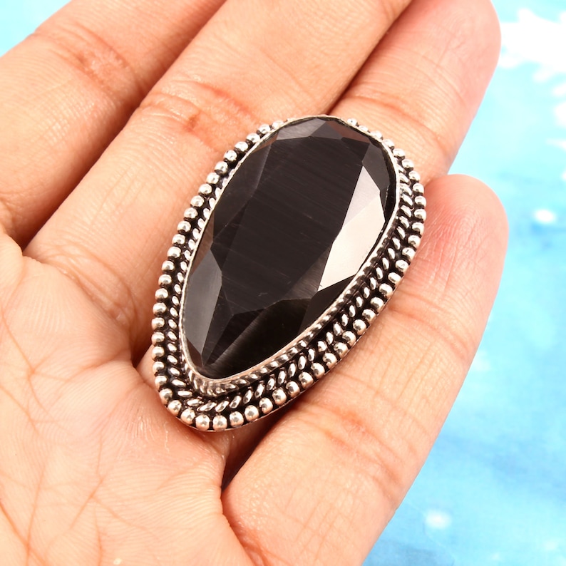 Faceted Black Lab Created Pear Shape Large Ring Unisex Birthstone Jewelry Boho Jewelry Gift For Her Oxidized German Silver Jewelry
