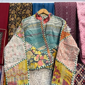Unique Patchwork Kantha Coat - Short Quilted Cotton Jacket, Vibrant Boho Festival Outerwear, Indian Bomber Style