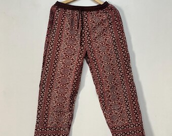 Quilted Kantha Cotton Pants, Boho Floral Print, Elastic Waist, Side Pockets
