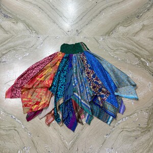 Indiase handgemaakte zijden rok, gerecyclede zijden patchworkrok, zomermaxirok, kleurrijke zijden rok voor dames, rok met elastische tailleband