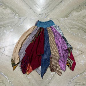 Recycle Sari Silk Patchwork Skirt, Long Boho Hippie Tiered Skirt, One Size Elastic Waist Skirt,  100% Silk Summer Skirt, Festival Skirt