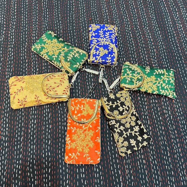 Lot Of 5-100 Pcs Indian Handmade Women's Embroidered Mobile Pouch Purse Sling Bag / Party Favors / Indian Wedding Favors / Gift For Guests