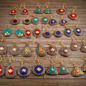 Wholesale Lot Of Handmade Tibetan Earring, Lot Of Assorted Shape And Stone Nepali Earring, Wholesale Price Handmade Natural Stone Earring