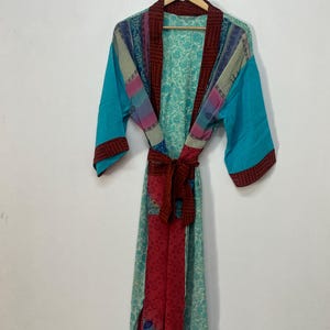 Crepe Silk Patchwork Kimono Jacket, Long Boho Duster Coat, Colorful Beach Cover Up, Upcycled Vintage Resort Wear